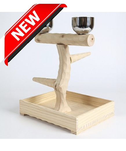 Small Table Top Wood Parrot Stand with Feeding Bowls